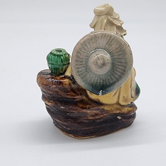 Chinese Mudman Clay Figure Seated Elderly Man With Green Vase Vintage - Picture 4 of 8